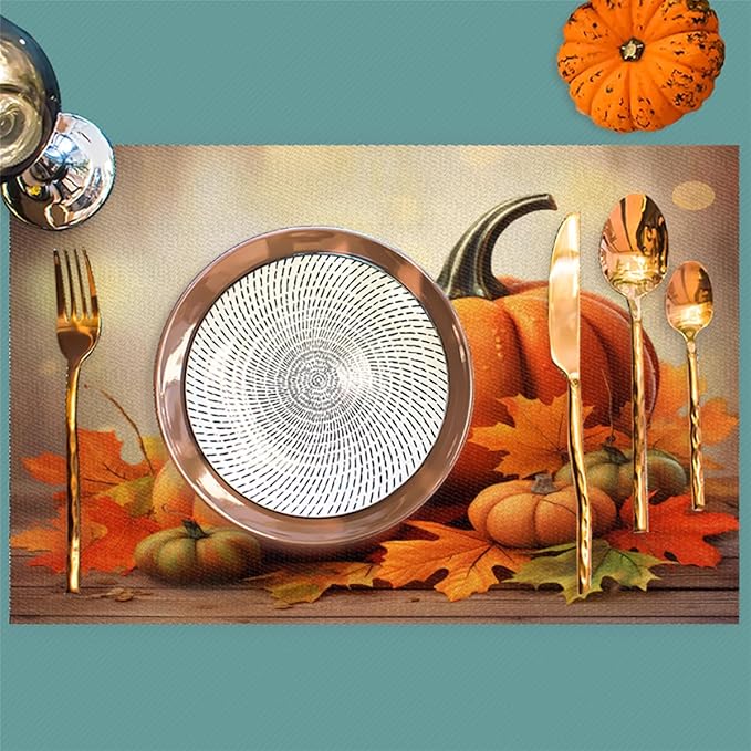 Thanksgiving Fall Pumpkin Placemats Set of 6 PVC Vinyl Non Slip Table Mats Heat Resistant Place Mats Washable Wipeable Dining Table Mat for Kitchen Decor Party Indoor Outdoor Decorative Gift