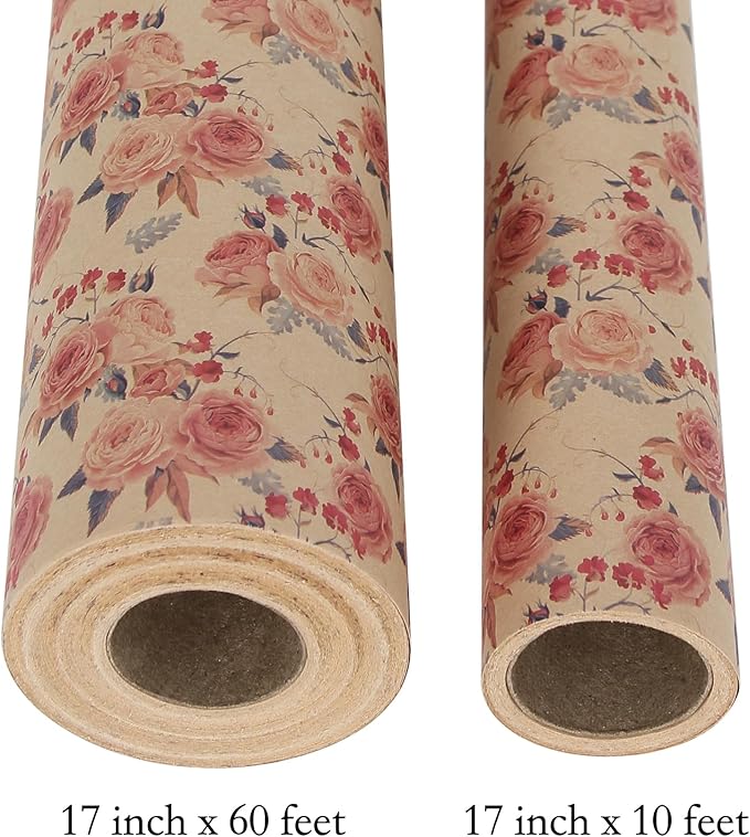 Aimyoo Pink Rose Floral Kraft Wrapping Paper Roll, All Occasion Vintage Flower Gift Wrap for Wedding Birthday Bridal Shower, 17 inch x 10 ft