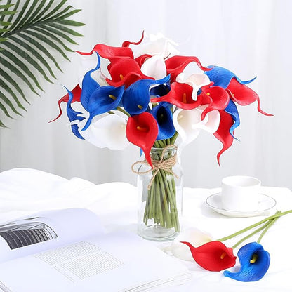 24 Pcs Patriotic Calla Lily Flower 4th of July Artificial Flowers Fake Blue White Red Silk Flowers Real Touch for Independence Memorial Day