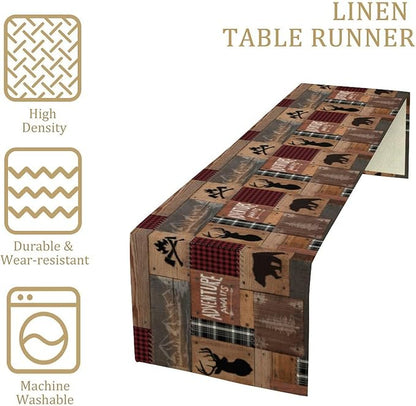 Rustic Cabin Moose Deer Bear Table Runner, Retro Bear Cottage Country Style Cabin Farmhouse Dinner Runner for Home Kitchen Dining Table Decoration 13"x70"