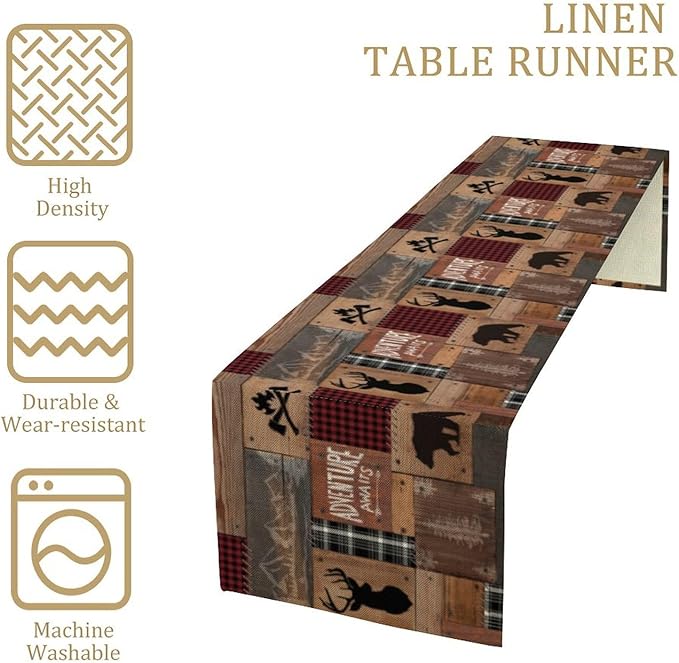 Rustic Cabin Moose Deer Bear Table Runner, Retro Bear Cottage Country Style Cabin Farmhouse Dinner Runner for Home Kitchen Dining Table Decoration 13"x90"