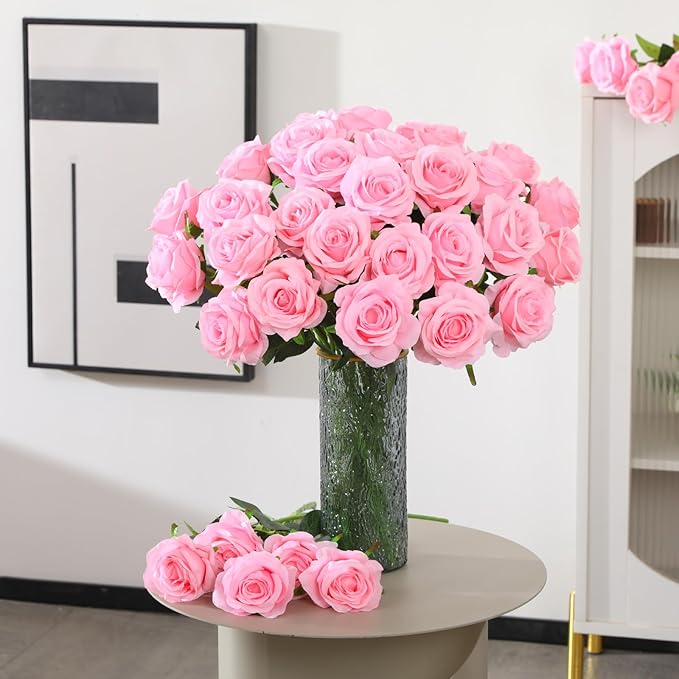 50PCS Artificial Silk Roses in Bulk & Bouquet Long Stem – Realistic Fake Roses for Wedding Centerpieces, Home Decor, Floral Arrangements, Party Decoration (Pink)
