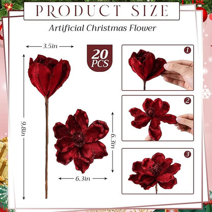 20 Pcs Christmas Glitter Poinsettia Magnolia Flowers Ornaments Large Heads Artificial Magnolia Flowers for Christmas Tree Xmas Wreath Holiday Wedding Decor (Fuchsia)