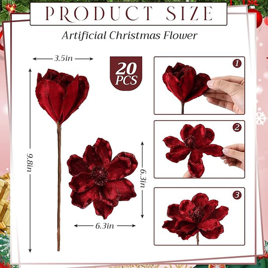 20 Pcs Christmas Glitter Poinsettia Magnolia Flowers Ornaments Large Heads Artificial Magnolia Flowers for Christmas Tree Xmas Wreath Holiday Wedding Decor (Fuchsia)
