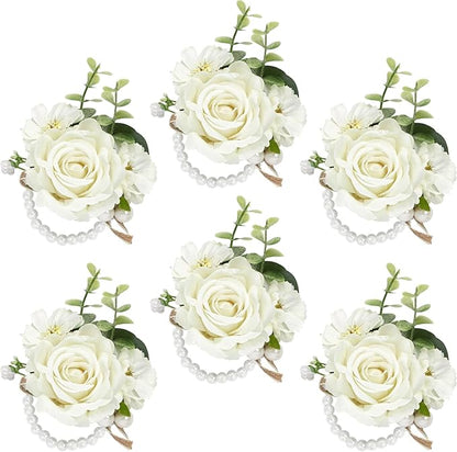 Serwalin 6 PCS Ivory Rose Wrist Corsages for Wedding, Corsages for Prom Homecoming Party Corsage Hand Decor for Bride Bridesmaids, Mother of Bride and Groom