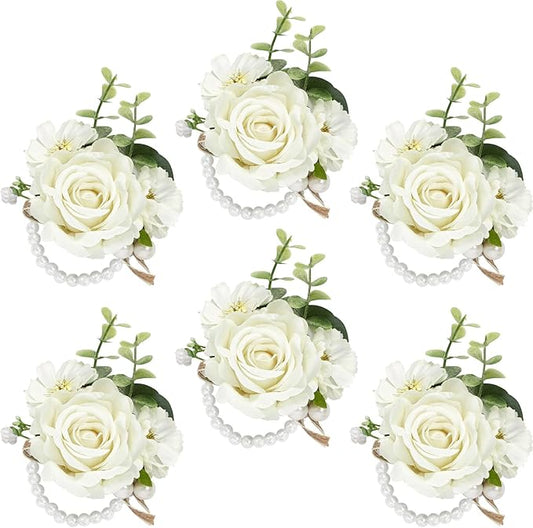 Serwalin 6 PCS Ivory Rose Wrist Corsages for Wedding, Corsages for Prom Homecoming Party Corsage Hand Decor for Bride Bridesmaids, Mother of Bride and Groom