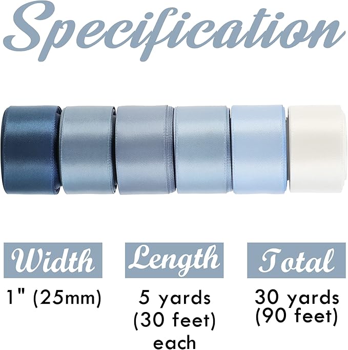 HUIHUANG Dusty Blue Ribbon Set Double-Faced Satin Ribbon 1 inch Dusty Blue Wedding Ribbons for Flower Bouquet Wedding Bridal Shower Baby Shower Decor Hairs Gift Wrap Crafts- 6 Color X 5 Yards Each