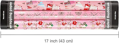WRAPAHOLIC Christmas Wrapping Paper Roll - Mini Roll - 3 Rolls - 17 Inch X 120 Inch Per Roll - Pink Christmas tree, House, Snowflake Holiday Collection