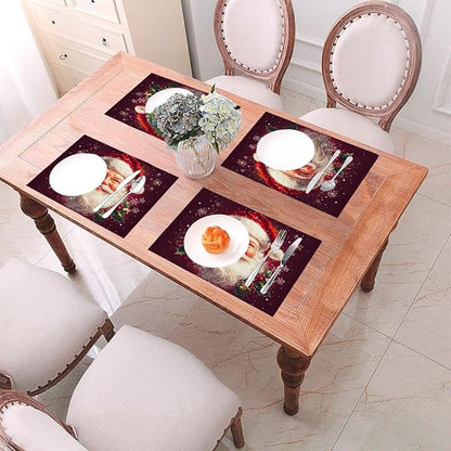 PVC Placemats Set of 4 Wipeable Table Mats Washable Heat Resistant Non Slip Vinyl Dining Table Mat for Kitchen Indoor Outdoor Patio Farmhouse Place Mats Santa Claus Red Xmas Decorative
