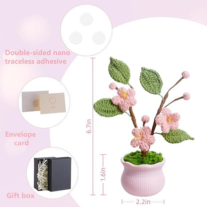 Knitting Crochet Flowers Potted Flower, Fake Forget Me Not Flowers Gift for Teacher, Friend, Family and Lover, Cute Decor for Room, Car Dashboard, Home Office Decoration(Pink Peach Blossom)