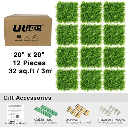 ULAND Artificial Hedges Panels, Topiary Fence Screening, Faux Greenery Grass Backdrop, Outdoor Privacy Wall Garden Fence Decoration, Pack of 12pcs 20"x20"