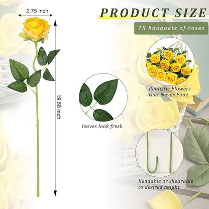 Yellow Roses Artificial Flowers 15 PCS, Fake Roses Silk Flowers with Long Stems, Faux Rose for Wedding Centerpieces, Home Decor, Indoor Floral Arrangements, Party Decor, DIY Bouquet (Yellow)