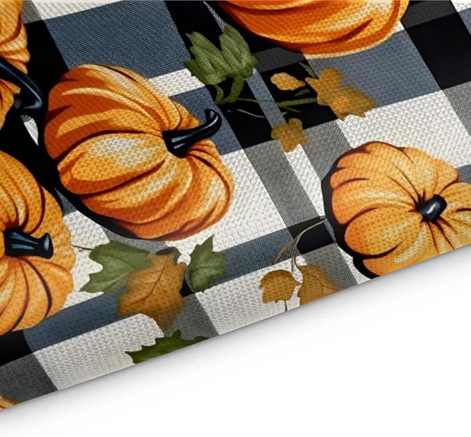Halloween Pumpkin Placemats Set of 6, Washable Linen Place Mats, Black Buffalo Plaid Table Mats for Kitchen Dining Table Decor Heat Resistant Tablemats 12x18