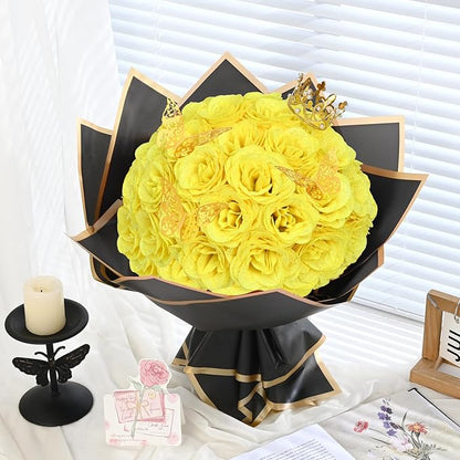 Waipfaru Glitter Roses Bouquet, DIY Yellow Fake Flowers Bouquet, Birthday Gifts for Women Mom, 24 Pcs Rose for Grandma Wife Girlfriend Valentines, Mothers Day, Anniversary, Graduation