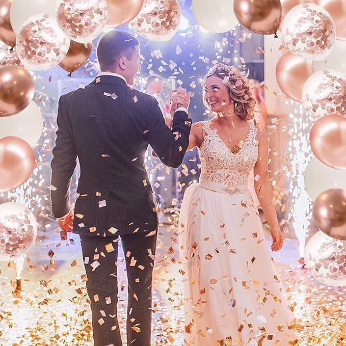 Rose Gold Confetti Balloons, 50pcs 12 Inch Metallic Rose Gold Balloons Rose Gold and White Latex Balloons with 33 Feet String for Bridal Shower Sweet 16 Birthday Party Wedding Anniversary Decorations