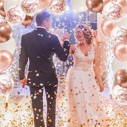 Rose Gold Confetti Balloons, 50pcs 12 Inch Metallic Rose Gold Balloons Rose Gold and White Latex Balloons with 33 Feet String for Bridal Shower Sweet 16 Birthday Party Wedding Anniversary Decorations