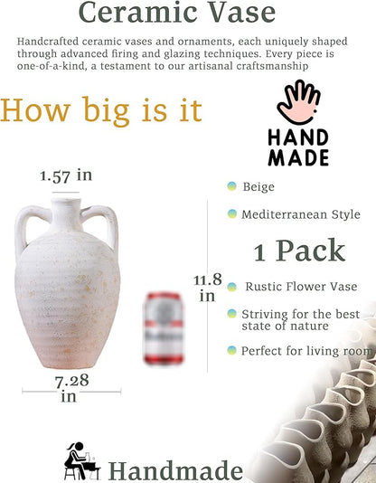 UPWOIGH Ceramic Flower Vase, 11.8 inch Tall Off-White Farmhouse Rustic Vase, Handcrafted Weathered Handle Pottery Vases, Large Flower Terracotta Vases for Home Decor, Living Room, Table, Shelf