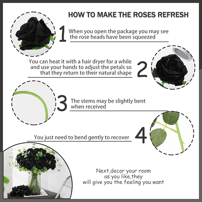 50PCS Artificial Silk Roses in Bulk & Bouquet Long Stem – Realistic Fake Roses for Wedding Centerpieces, Home Decor, Floral Arrangements, Party Decoration (Black)