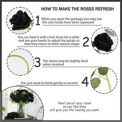 50PCS Artificial Silk Roses in Bulk & Bouquet Long Stem – Realistic Fake Roses for Wedding Centerpieces, Home Decor, Floral Arrangements, Party Decoration (Black)