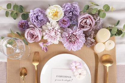 Floweroyal 2 Layers Artificial Flowers Combo Purple Flowers Mix Silk Flowers Dahlia Roses with Stems for Wedding Bridal Bouquets, Baby Shower, Floral Arrangement, Table Centerpieces