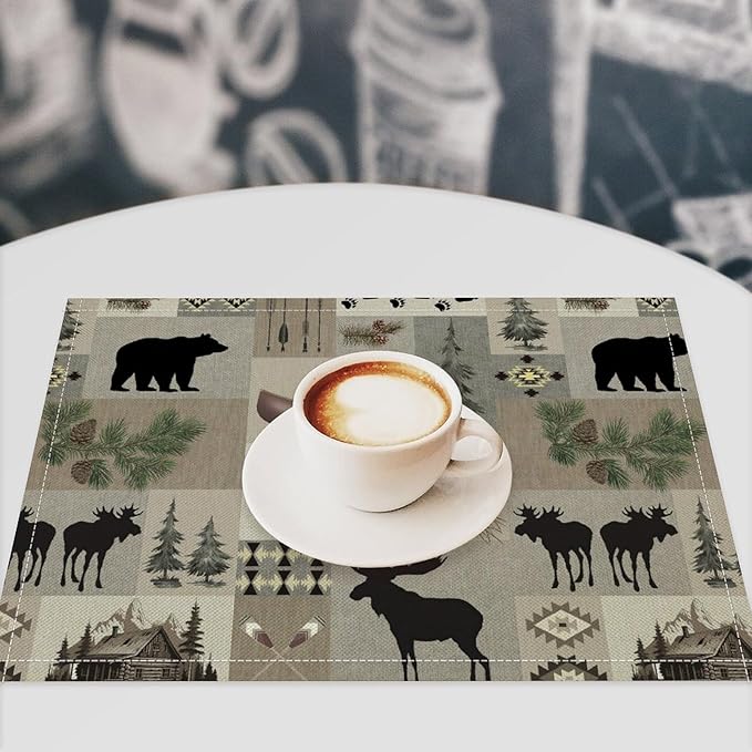 Retro Rustic Lodge Bears Deer Placemats Set of 4, Vintage Cabin Pine Tree Farmhouse Country Style Place Mats, Heat Resistant Non Slip Cotton Linen Dining Table Mats for Home Kitchen 18x12 Inch