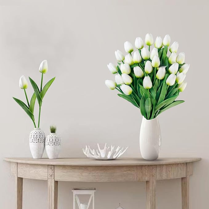Sggvecsy 30 Pcs Fake Tulips Artificial Flowers Real Touch PU Faux Flowers Tulip Stems for Wedding Spring Bouquet Floral Arrangement Home Party Office Decorations for Mother's Day (Green White)