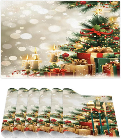 Xmas Christmas Tree Green Placemats Set of 6 PVC Vinyl Non Slip Table Mats Heat Resistant Place Mats Washable Wipeable Dining Table Mat for Kitchen Decor Party Indoor Outdoor Decorative Gift