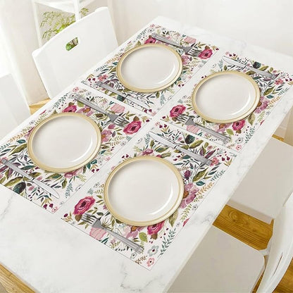Watercolor Flower Linen Placemats Set of 4,Summer Floral Non Slip Heat-Resistant Washable Table Place Mats Tablemats for Kitchen Dining Table 4 PCS, Pink Flowers