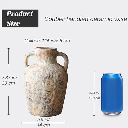 Vintage Wabi Sabi Ceramic Vase – 7.87 Inch Farmhouse Flower Vase with Handle, Rustic Decorative Pot for Entryway, Shelf, Floral Arrangement, Boho Home Decor