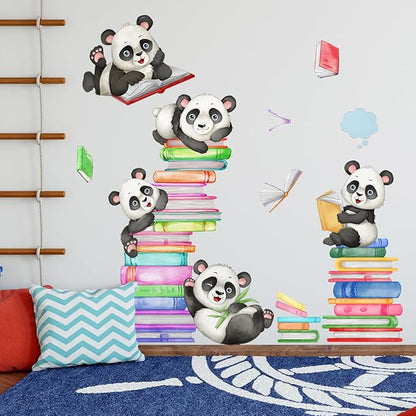 Panda Wall Decals Animals Reading Books Wall Stickers for Baby Nursery Kids Bedroom Classroom Wall Decorations