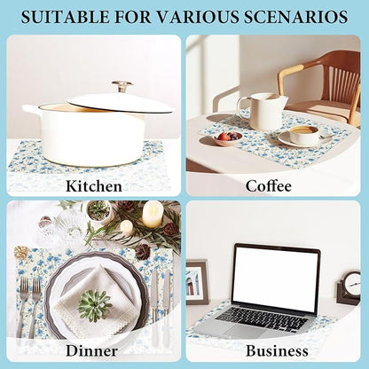 Cotton Linen Waterproof Placemats Set of 4, Blue Floral Dining Mat Table Mats Decor Fabric for Kitchen Dinner Coffee Shop Table, Indoor/Outdoor Washable Wipeable Placemat -N029