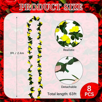16Pcs 126Ft Yellow Rose Garland, Fake Rose Hanging Flowers, Artificial Flower Vine, Hanging Floral Vine Garland for Wedding, Birthday Party, Wall Arch, Halloween, Christmas Garden Backdrop Decor