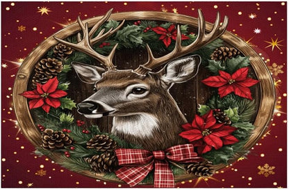 Xmas Christmas Reindeer Poinsettia Red Placemats Set of 1 PVC Vinyl Non Slip Table Mats Heat Resistant Place Mats Washable Wipeable Dining Table Mat for Kitchen Party Indoor Outdoor Decorative Gift