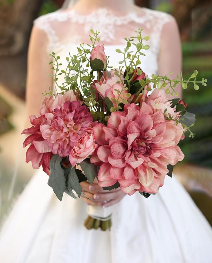 Pink Peonies Dahlia Artificial Flowers 2 Bouquets Vintage Peonies Combo Dahlia 18Stems Silk Flower Arrangements for Wedding Decoration Bride Bouquet Flowers Crafts Floral Arrangement (Pink)