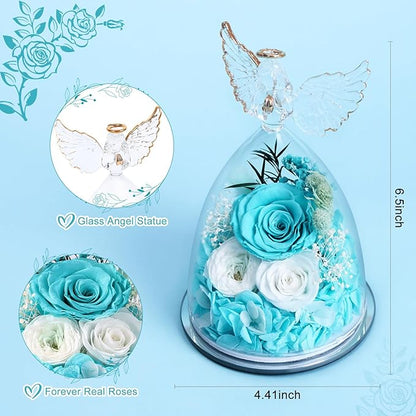 FIACO Gifts for Women Mom Preserved Rose Forever Flower in Glass Angel Figurine Fresh Flowers for Delivery Birthday Gifts for Grandma Wife Sister Christmas Anniversary Eternal Roses