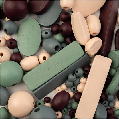 John Bead 90g Craft Beads Grey/Dark Purple/Natural/Green Wood Beads with Elastic Nylon Cord