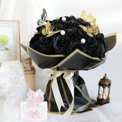 Glitter Roses Bouquet, Shiny Artificial Roses Flowers with Stems DIY Fake Glitter Flowers Bouquet for Valentine's Day, Mother's Day, Anniversary, Graduation, Birthday, 36 Roses (Black)