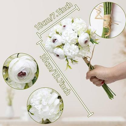 Zerzsy Artificial White Peony Flower Bouquet with Green Leaves Stem, Silk Flowers Bouquet Fake Peonies Flower Arrangements Vase Decorating for Centerpiece Table Wedding Party Home
