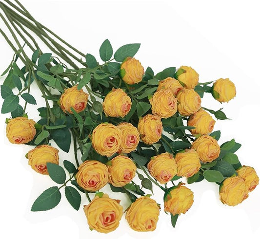 CHIAVE 8pcs 24 Flower Buds Artificial Vintage Roses Fake Silk Rose Flowers with Long Stem for DIY Bouquets Wedding Centerpiece Party Home Kitchen Shorp Decoration-Yellow