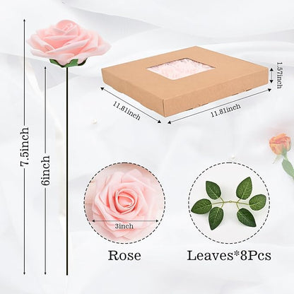 BLEUM CADE 36Pcs Artificial Flowers Fake Roses with Stems, Pink Boxed Foam Roses for DIY Bouquets Centerpieces Wedding Party Arrangement Bridal Shower Decor