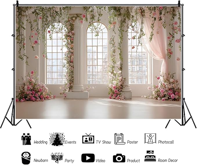 Baocicco Pink Palace Backdrops 10x8ft White and Pink Windowsills Botanical Background Princess Birthday Party Banner Supplies Wedding Ceremony Anniversary Engagement Banner Photo Booth Studio Prop