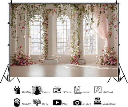 Baocicco Pink Palace Backdrops 7x5ft White and Pink Windowsills Botanical Background Princess Birthday Party Banner Supplies Wedding Ceremony Anniversary Engagement Banner Photo Booth Studio Prop
