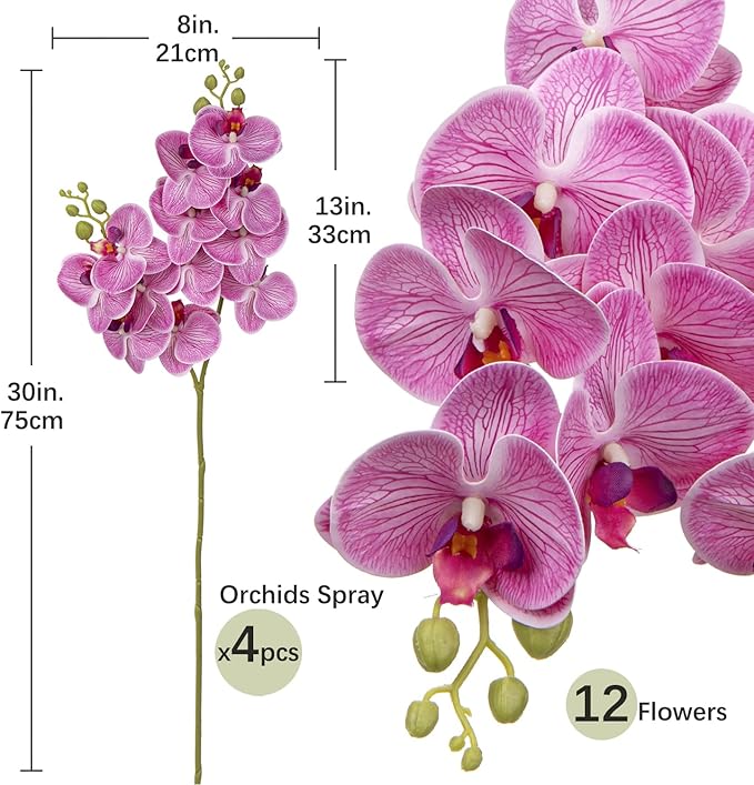 30 Inch Fuchsia Orchids Artificial Flowers Real Touch Phalaenopsis Spray Artificial Orchid Stems with 12 Flowers Fake Moth Tall Faux Flowers Arrangement for Home Decor, Party Wedding Decoration