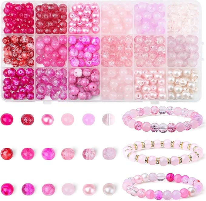 DUQGUHO 8mm Pink Beads for Jewelry Making Pink Glass Beads for Crafts Rose Glass Round Beads 16 Colors Beads for Bracelets, Necklaces & DIY Crafts 360PCS