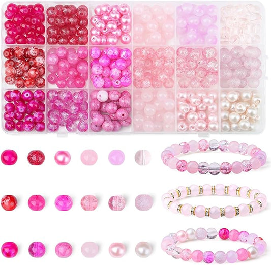 DUQGUHO 8mm Pink Beads for Jewelry Making Pink Glass Beads for Crafts Rose Glass Round Beads 16 Colors Beads for Bracelets, Necklaces & DIY Crafts 360PCS