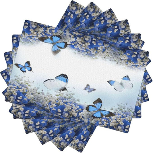 Blue Butterfly Flowers Placemats Set of 6,Spring Summer Flower Place Mats Washable for Kitchen Dining Table Heat Resistant Decorative Colth Table Mats 6 PCS, Style-3