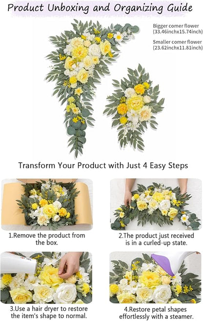Artificial Flowers Wedding Arch Decor Arch Flowers (Set of 2) for Wedding Welcome Sign and Backdrop Decoration (Yellow)