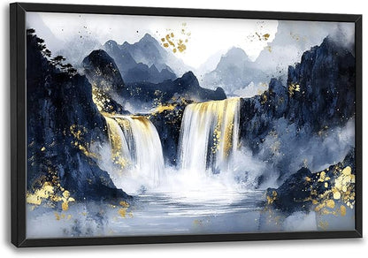 Extra Large Abstract Golden Waterfall Framed Wall Art for Living Room,Oversized Foggy Mountain Pictures Wall Decor,Canvas Print Painting Modern Artwork Bedroom Office Bathroom 36L x 24W