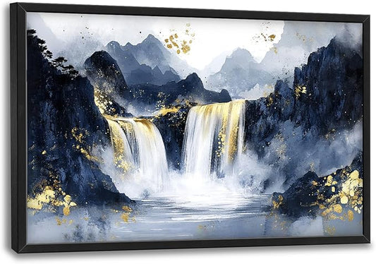 Extra Large Abstract Golden Waterfall Framed Wall Art for Living Room,Oversized Foggy Mountain Pictures Wall Decor,Canvas Print Painting Modern Artwork Bedroom Office Bathroom 36L x 24W