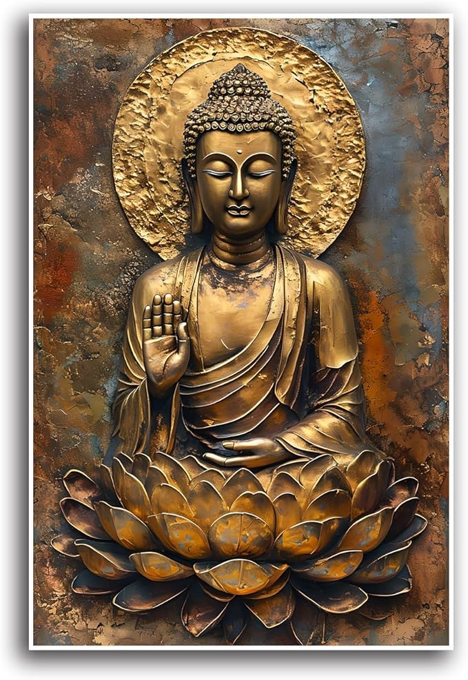 Buddha Wall Art Golden Buddha in Lotus Seat Serene spiritual statue radiant aura Meditation and mindfulness wall art suitable for sacred spaces 20x30in Frameless